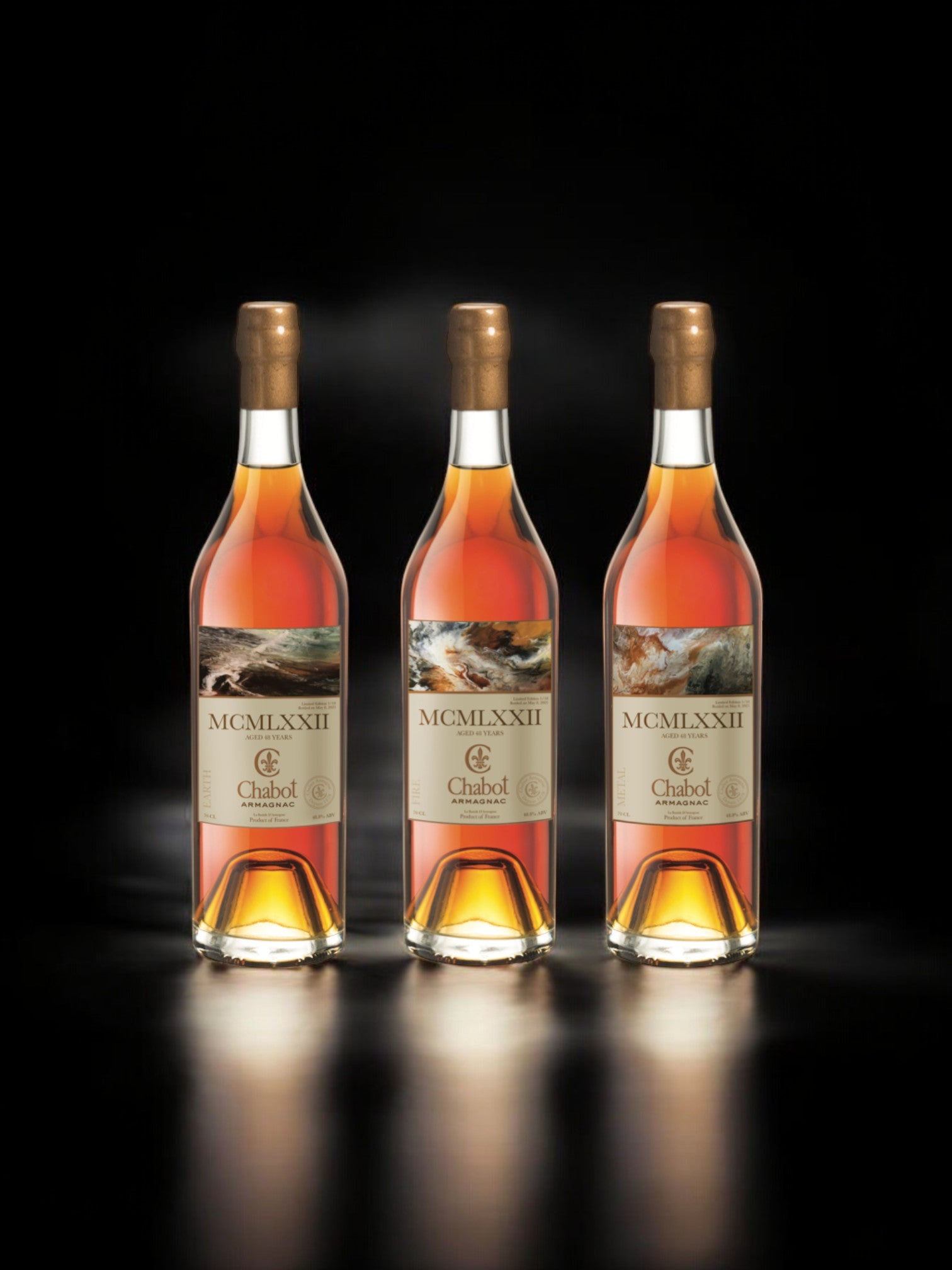 CHABOT ARMAGNAC SINGLE  48 years old 3 bottles Earth, Fire & Metal 70cl